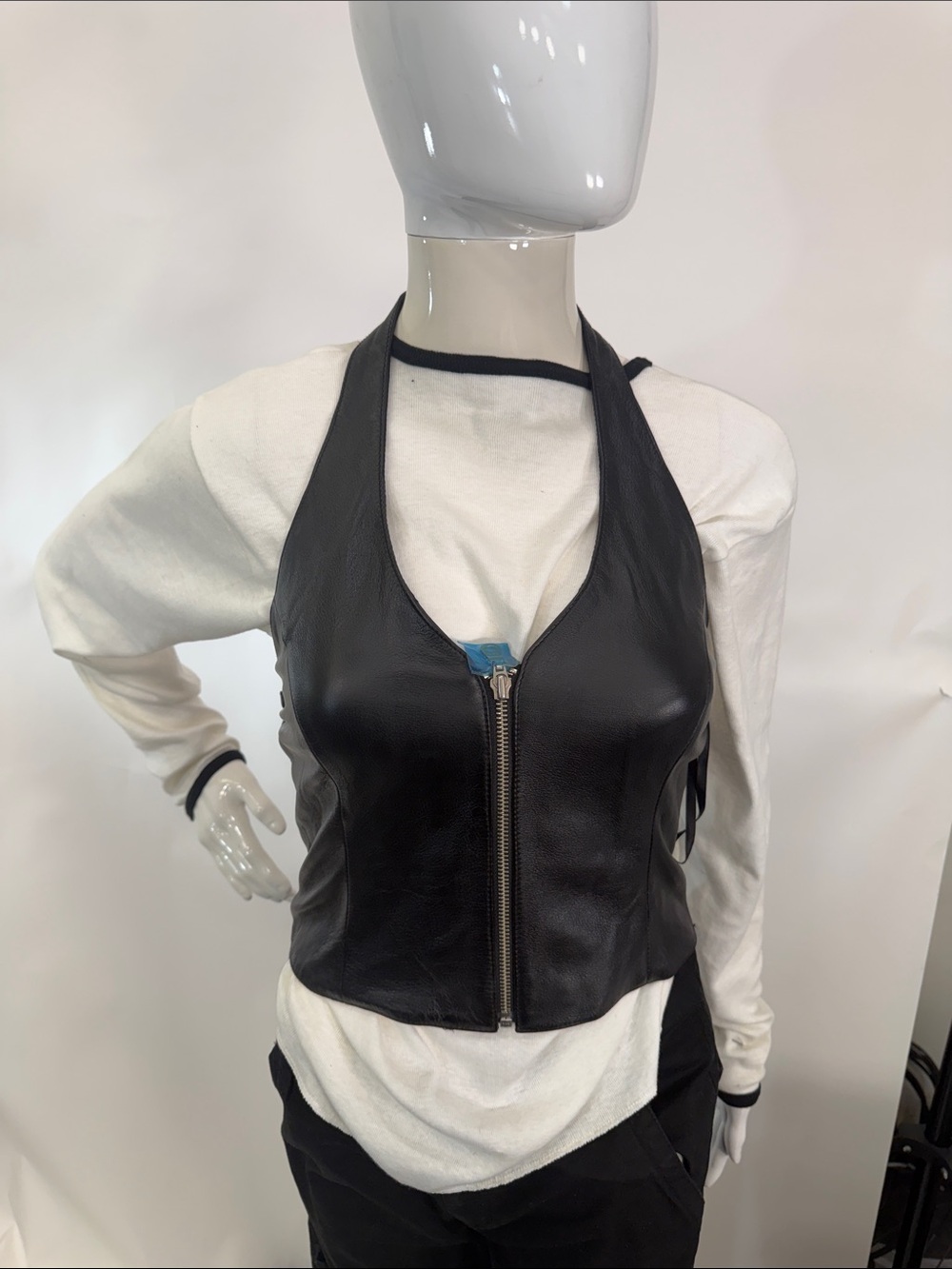Black Leather Halter Zip Vest
